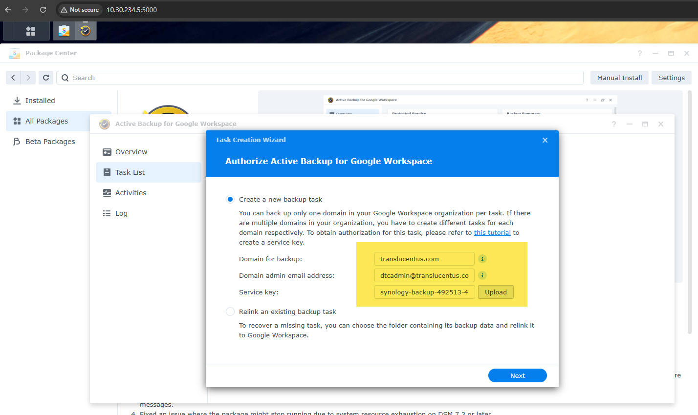 Active Backup GWS authentication