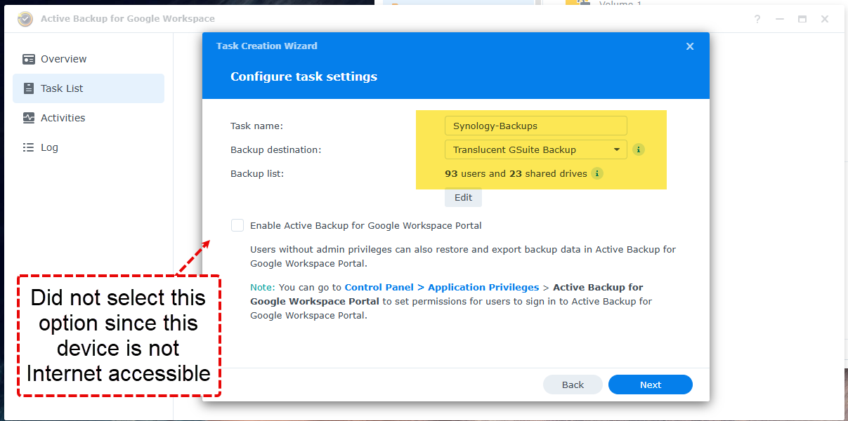 Backup task creation