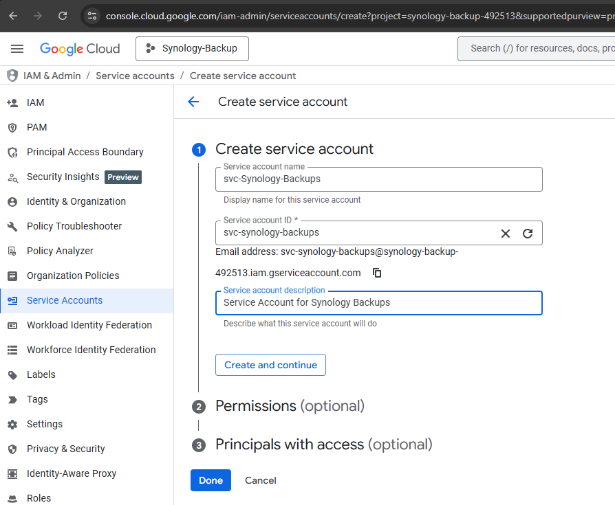 Create service account